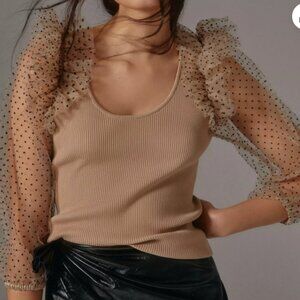 Anthropologie Dolan Puff Sheer Sleeve Top Tan